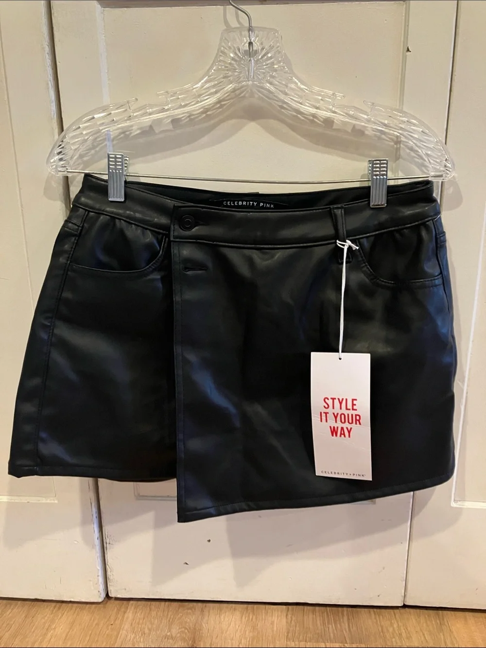 Celebrity Pink Black Faux Leather Mini Skort with Asymmetrical Front